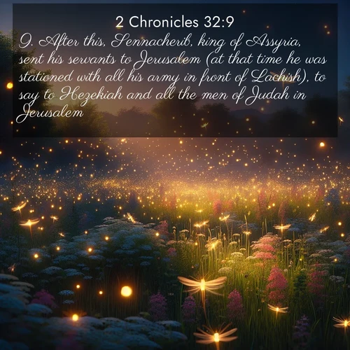 BasicEnglish 2 Chronicles  ; image nature: image with the bible verse :After this, Sennacherib, king of Assyria, sent his servants to Jerusalem (at that time he was stationed with all his army in front of Lachish), to say to Hezekiah and all the men of Judah in Jerusalem, ; Discover a gallery of Bible verse images showcasing the beauty of autumn, with golden leaves, red forests, and peaceful fields bathed in soft light. These soothing scenes are perfect for accompanying inspiring verses like KJV 2 Chronicles 32:9. Current verse is overlayed with the thematic nature scene : Fireflies dance above a spring meadow filled with singing crickets. ; 32:9