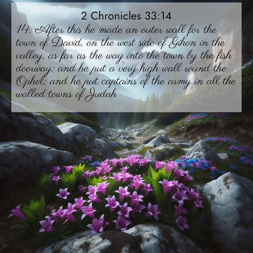 BasicEnglish 2 Chronicles  ; image nature: image with the bible verse :After this he made an outer wall for the town of David, on the west side of Gihon in the valley, as far as the way into the town by the fish doorway; and he put a very high wall round the Ophel; and he put captains of the army in all the walled towns of Judah. ; Access a vast collection of Bible verse images illustrated with natural landscapes like calm rivers, blooming fields, and bright horizons. These images emphasize the serenity and splendor of God&#039;s creation, accompanied by aesthetic fonts and joyful colors. Download verses like KJV 2 Chronicles 33:14 and share them. Current verse is overlayed with the thematic nature scene : Alpine gentians bloom in rocky crevices. Summer storms gather above treeline. ; 33:14