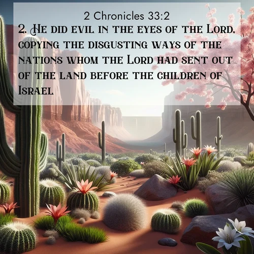 BasicEnglish 2 Chronicles  ; image nature: image with the bible verse :He did evil in the eyes of the Lord, copying the disgusting ways of the nations whom the Lord had sent out of the land before the children of Israel. ; Discover Bible verse images capturing the warmth of summer, with beach landscapes, sunlit fields, and clear skies. These bright scenes reflect divine joy. Share verses like KJV 2 Chronicles 33:2. Current verse is overlayed with the thematic nature scene : Desert cacti burst with spring blooms against red sandstone formations. ; 33:2