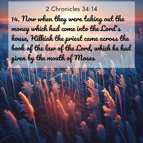 BasicEnglish 2 Chronicles  ; image nature: image with the bible verse :Now when they were taking out the money which had come into the Lord&#039;s house, Hilkiah the priest came across the book of the law of the Lord, which he had given by the mouth of Moses. ; Admire stunning Bible verse images paired with photos of peaceful landscapes, such as foggy mornings, serene rivers, and blooming gardens. Download these free images and share verses like KJV 2 Chronicles 34:14. Current verse is overlayed with the thematic nature scene : Winter sunrise illuminates frost-covered prairie grass. ; 34:14
