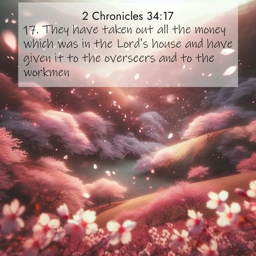 BasicEnglish 2 Chronicles  ; image nature: image with the bible verse :They have taken out all the money which was in the Lord&#039;s house and have given it to the overseers and to the workmen. ; Admire stunning Bible verse images paired with photos of peaceful landscapes, such as foggy mornings, serene rivers, and blooming gardens. Download these free images and share verses like KJV 2 Chronicles 34:17. Current verse is overlayed with the thematic nature scene : Cherry blossoms blanket the hillside in soft pink snow, swirling through the air like nature&#039;s confetti. ; 34:17
