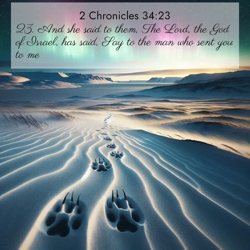 BasicEnglish 2 Chronicles  ; image nature: image with the bible verse :And she said to them, The Lord, the God of Israel, has said, Say to the man who sent you to me, ; Discover our curated gallery of Bible verse images with breathtaking scenery, from tranquil deserts to lush green pastures. Perfect for phone wallpapers or sharing online. Download verses like KJV 2 Chronicles 34:23. Current verse is overlayed with the thematic nature scene : Arctic fox tracks cross windswept tundra. Northern lights pulse overhead in cosmic rhythm. ; 34:23