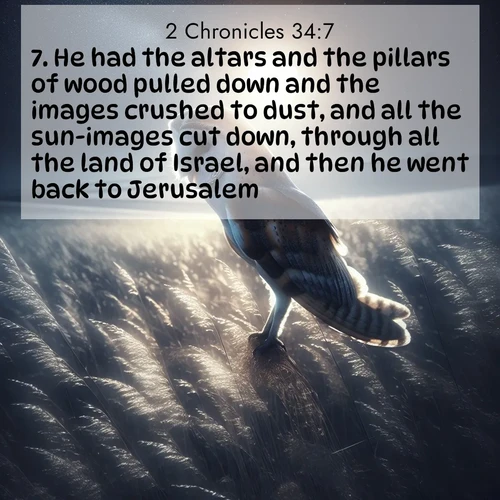 BasicEnglish 2 Chronicles  ; image nature: image with the bible verse :He had the altars and the pillars of wood pulled down and the images crushed to dust, and all the sun-images cut down, through all the land of Israel, and then he went back to Jerusalem. ; Dive into our collection of Bible verse images combined with sublime nature photos, such as graceful waterfalls, radiant sunsets, and endless meadows. These compositions highlight the peace and harmony of God&#039;s creation with vivid colors and carefully integrated text. Download and share verses like KJV 2 Chronicles 34:7. Current verse is overlayed with the thematic nature scene : A barn owl quarters silent fields. Moonlight turns meadow grass to silver. ; 34:7