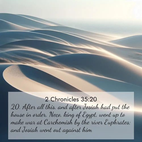 BBE 2 Chronicles 35:20 overlaying nature image scene: Coastal dunes shift slowly beneath constant winds.;20. After all this, and after Josiah had put the house in order, Neco, king of Egypt, went up to make war at Carchemish by the river Euphrates; and Josiah went out against him.
