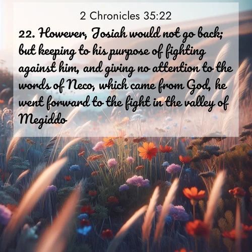 BBE 2 Chronicles 35:22 overlaying nature image scene: Summer wildflowers wave in the breeze on coastal bluffs.;22. However, Josiah would not go back; but keeping to his purpose of fighting against him, and giving no attention to the words of Neco, which came from God, he went forward to the fight in the valley of Megiddo.