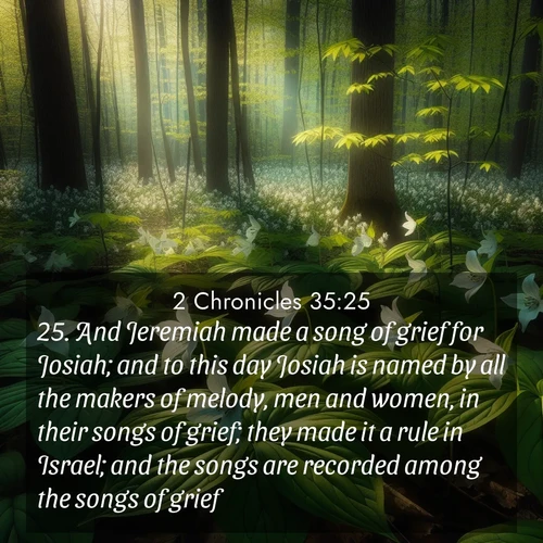 BBE 2 Chronicles 35:25 overlaying nature image scene: Wild trillium carpets the forest floor. Sunlight filters green through new spring leaves.;25. And Jeremiah made a song of grief for Josiah; and to this day Josiah is named by all the makers of melody, men and women, in their songs of grief; they made it a rule in Israel; and the songs are recorded among the songs of grief.