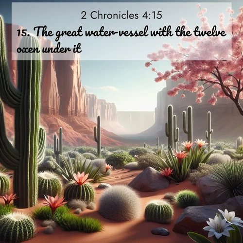 BasicEnglish 2 Chronicles  ; image nature: image with the bible verse :The great water-vessel with the twelve oxen under it. ; Download high-resolution Bible verse images showcasing the beauty of God&#039;s creation—from radiant sunsets to tranquil rivers. Free for use as wallpapers or sharing verses like KJV 2 Chronicles 4:15. Current verse is overlayed with the thematic nature scene : Desert cacti burst with spring blooms against red sandstone formations. ; 4:15