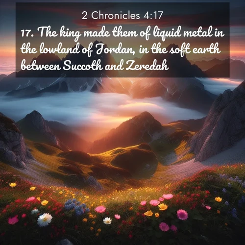 BasicEnglish 2 Chronicles  ; image nature: image with the bible verse :The king made them of liquid metal in the lowland of Jordan, in the soft earth between Succoth and Zeredah. ; Discover beautiful Bible verse images enriched with natural landscapes, from serene beaches to cascading waterfalls. All images are free and ready to download. Share verses such as KJV 2 Chronicles 4:17. Current verse is overlayed with the thematic nature scene : Jagged peaks pierce through low-hanging clouds at sunrise. Alpine flowers dot the meadow below with splashes of color. ; 4:17