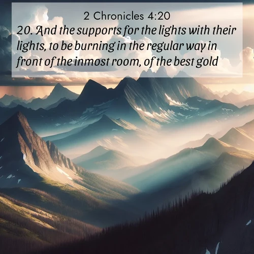 BasicEnglish 2 Chronicles  ; image nature: image with the bible verse :And the supports for the lights with their lights, to be burning in the regular way in front of the inmost room, of the best gold; ; Discover a rich selection of Bible verse images illustrated by natural landscapes like tranquil beaches, golden fields, and majestic trees. These images aim to capture the peace and beauty of God&#039;s creation, with vibrant colors and varied typography. Download and share inspiring verses like KJV 2 Chronicles 4:20. Current verse is overlayed with the thematic nature scene : Summer storms build over mountain peaks at midday. ; 4:20