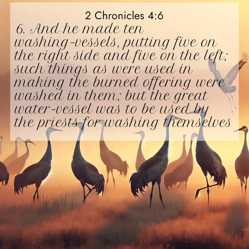 BasicEnglish 2 Chronicles  ; image nature: image with the bible verse :And he made ten washing-vessels, putting five on the right side and five on the left; such things as were used in making the burned offering were washed in them; but the great water-vessel was to be used by the priests for washing themselves. ; Download stunning Bible verse images paired with nature scenes like rolling clouds, sparkling waters, and vibrant flower fields. These free images are perfect for spiritual reflection or wallpaper use. Share KJV 2 Chronicles 4:6. Current verse is overlayed with the thematic nature scene : Sandhill cranes dance in morning mist. Their calls echo across the marsh. ; 4:6