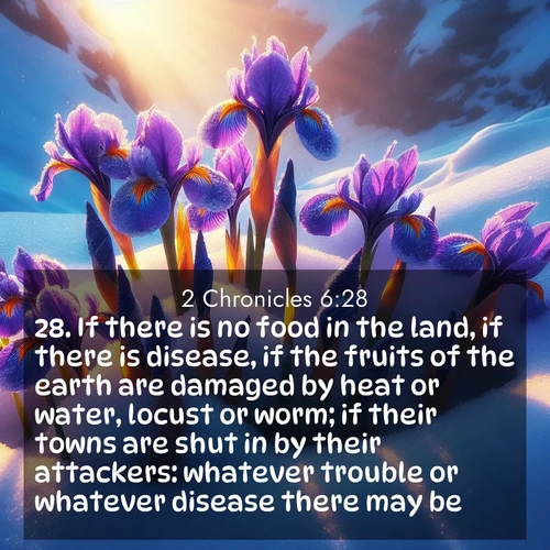 BBE 2 Chronicles 6:28 overlaying nature image scene: Wild iris blooms pierce through melting snow. Alpine sunlight ignites their petals.;28. If there is no food in the land, if there is disease, if the fruits of the earth are damaged by heat or water, locust or worm; if their towns are shut in by their attackers: whatever trouble or whatever disease there may be:
