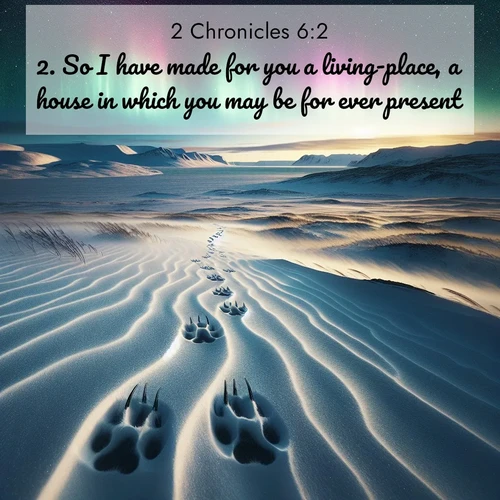 BBE 2 Chronicles 6:2 overlaying nature image scene: Arctic fox tracks cross windswept tundra. Northern lights pulse overhead in cosmic rhythm.;2. So I have made for you a living-place, a house in which you may be for ever present.