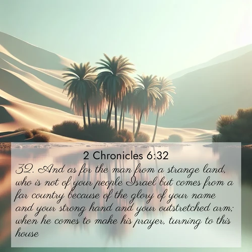 BBE 2 Chronicles 6:32 overlaying nature image scene: A desert oasis shimmers in the midday heat, palm fronds rustling above still waters.;32. And as for the man from a strange land, who is not of your people Israel but comes from a far country because of the glory of your name and your strong hand and your outstretched arm; when he comes to make his prayer, turning to this house:
