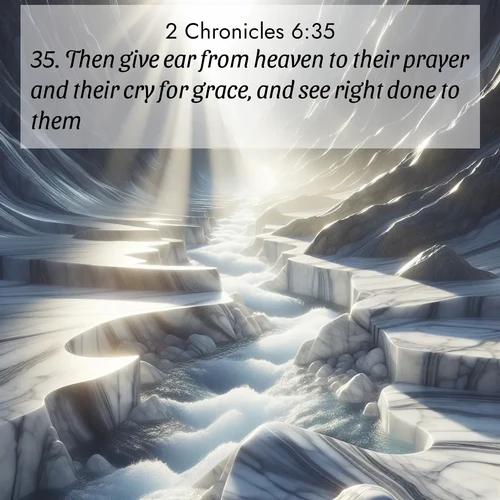 BBE 2 Chronicles 6:35 overlaying nature image scene: Mountain streams carve marble smooth. Sunlight dances on clear pools.;35. Then give ear from heaven to their prayer and their cry for grace, and see right done to them.
