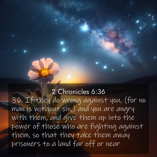 BBE 2 Chronicles 6:36 overlaying nature image scene: Desert primrose opens to stars. Night wind carries sweet perfume.;36. If they do wrong against you, (for no man is without sin,) and you are angry with them, and give them up into the power of those who are fighting against them, so that they take them away prisoners to a land far off or near;
