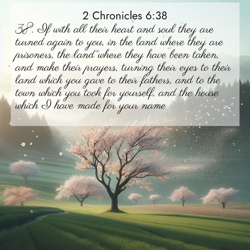 BBE 2 Chronicles 6:38 overlaying nature image scene: Spring winds scatter cherry blossoms like snow.;38. If with all their heart and soul they are turned again to you, in the land where they are prisoners, the land where they have been taken, and make their prayers, turning their eyes to their land which you gave to their fathers, and to the town which you took for yourself, and the house which I have made for your name:
