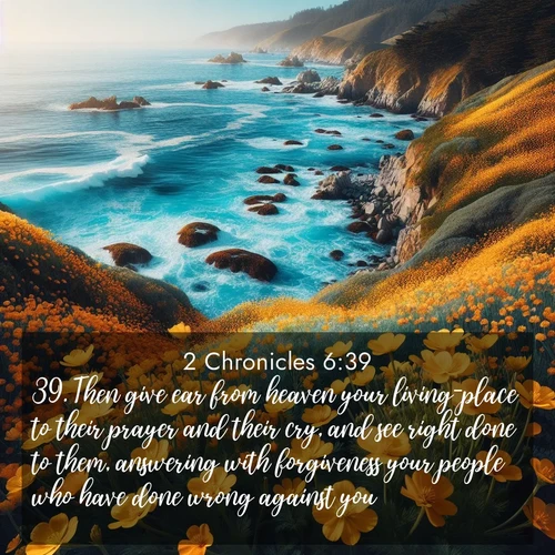 BBE 2 Chronicles 6:39 overlaying nature image scene: Wild mustard flowers carpet coastal cliffs. Pacific waves provide endless percussion below.;39. Then give ear from heaven your living-place to their prayer and their cry, and see right done to them, answering with forgiveness your people who have done wrong against you.
