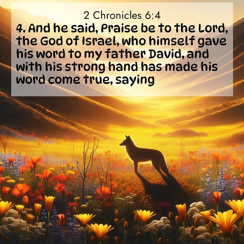 BasicEnglish 2 Chronicles  ; image nature: image with the bible verse :And he said, Praise be to the Lord, the God of Israel, who himself gave his word to my father David, and with his strong hand has made his word come true, saying, ; Explore a spring collection of Bible images, with landscapes of green hills, wildflowers, and crystal-clear streams. These images symbolize the blossoming of God&#039;s creation. Download verses like KJV 2 Chronicles 6:4. Current verse is overlayed with the thematic nature scene : Spring wildflowers carpet Death Valley in gold. A coyote&#039;s silhouette melts into the blooms. ; 6:4