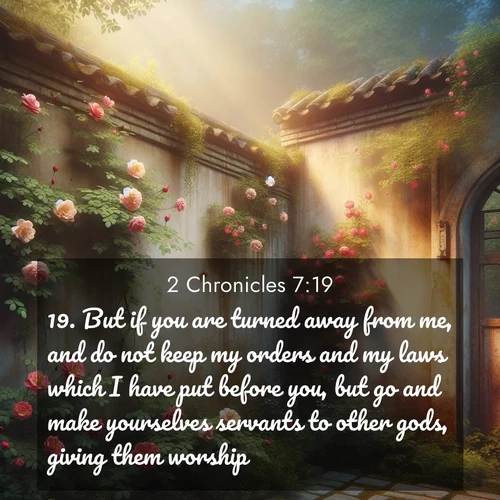 BBE 2 Chronicles 7:19 overlaying nature image scene: Wild roses climb abandoned walls. Time stands still in secret gardens.;19. But if you are turned away from me, and do not keep my orders and my laws which I have put before you, but go and make yourselves servants to other gods, giving them worship: