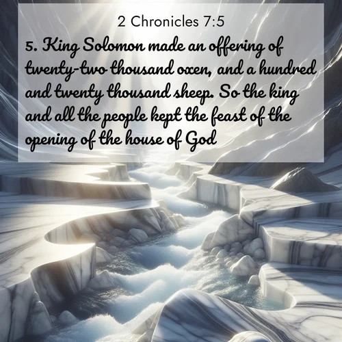 BBE 2 Chronicles 7:5 overlaying nature image scene: Mountain streams carve marble smooth. Sunlight dances on clear pools.;5. King Solomon made an offering of twenty-two thousand oxen, and a hundred and twenty thousand sheep. So the king and all the people kept the feast of the opening of the house of God.