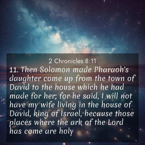 BasicEnglish 2 Chronicles  ; image nature: image with the bible verse :Then Solomon made Pharaoh&#039;s daughter come up from the town of David to the house which he had made for her; for he said, I will not have my wife living in the house of David, king of Israel, because those places where the ark of the Lord has come are holy. ; Browse our collection of vibrant Bible verse images set against calming backdrops like tropical shores, quiet woods, and majestic mountains. Download free wallpapers featuring KJV 2 Chronicles 8:11. Current verse is overlayed with the thematic nature scene : Stars reflect perfectly in the salt flats after rainfall. The horizon disappears in the mirror-like expanse. ; 8:11