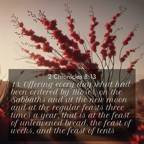 BasicEnglish 2 Chronicles  ; image nature: image with the bible verse :Offering every day what had been ordered by Moses, on the Sabbaths and at the new moon and at the regular feasts three times a year, that is at the feast of unleavened bread, the feast of weeks, and the feast of tents. ; Dive into our collection of Bible verse images beautifully illustrated with beach photos, featuring gentle waves, sunsets over the sea, and sandy shores. These scenes evoke the peace and majesty of God. Download and share inspiring verses like KJV 2 Chronicles 8:13. Current verse is overlayed with the thematic nature scene : Desert ocotillo flames crimson red. Wind sings through thorny branches. ; 8:13