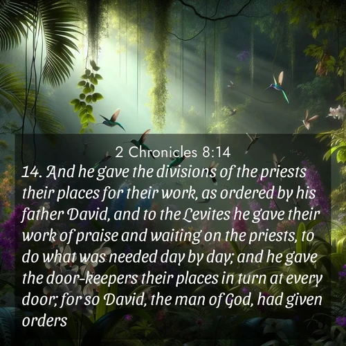 BasicEnglish 2 Chronicles  ; image nature: image with the bible verse :And he gave the divisions of the priests their places for their work, as ordered by his father David, and to the Levites he gave their work of praise and waiting on the priests, to do what was needed day by day; and he gave the door-keepers their places in turn at every door; for so David, the man of God, had given orders. ; Browse our selection of stunning Bible verse images featuring unique natural scenes like fiery autumn forests, serene meadows, and starlit skies. Download and share verses like KJV 2 Chronicles 8:14 for free. Current verse is overlayed with the thematic nature scene : Wild orchids bloom in a rainforest canopy. Hummingbirds dart between the delicate flowers. ; 8:14