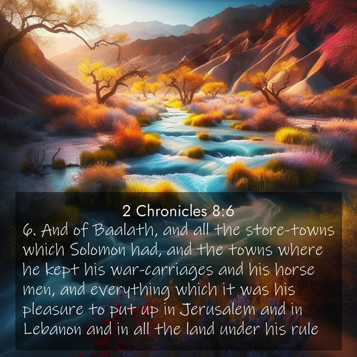 BasicEnglish 2 Chronicles  ; image nature: image with the bible verse :And of Baalath, and all the store-towns which Solomon had, and the towns where he kept his war-carriages and his horse men, and everything which it was his pleasure to put up in Jerusalem and in Lebanon and in all the land under his rule. ; Admire Bible verse images featuring tranquil rivers, golden fields, and starry heavens. These free-to-download images make inspiring wallpapers or thoughtful gifts. Download KJV 2 Chronicles 8:6 now. Current verse is overlayed with the thematic nature scene : Spring floods transform desert arroyos into rushing streams. ; 8:6