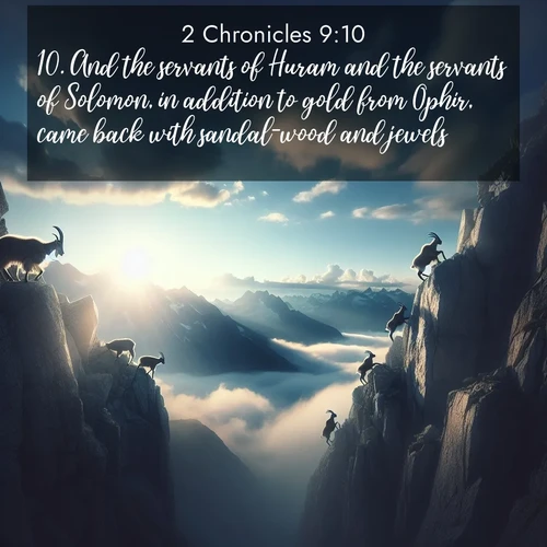 BasicEnglish 2 Chronicles  ; image nature: image with the bible verse :And the servants of Huram and the servants of Solomon, in addition to gold from Ophir, came back with sandal-wood and jewels. ; Explore a unique collection of Bible verses illustrated by winter landscapes, such as snowy mountains, frosty forests, and starry skies. These images capture the peace and beauty of winter. Share verses like KJV 2 Chronicles 9:10. Current verse is overlayed with the thematic nature scene : Mountain goats traverse sheer faces. Clouds part to reveal their path. ; 9:10