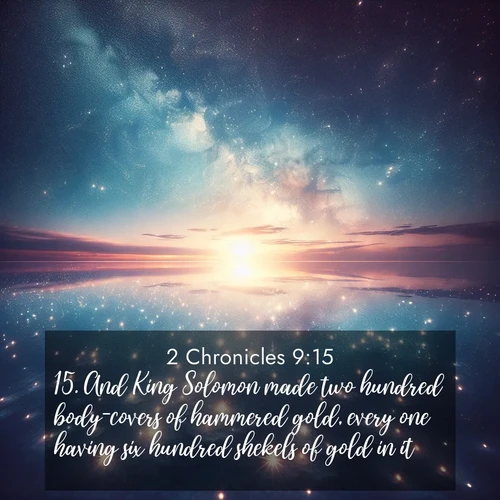 BasicEnglish 2 Chronicles  ; image nature: image with the bible verse :And King Solomon made two hundred body-covers of hammered gold, every one having six hundred shekels of gold in it. ; Explore a rich collection of Bible verse images beautifully illustrated by natural landscapes, such as colorful skies, towering mountains, and tranquil rivers. The images highlight the serenity of God&#039;s creation with vivid tones and carefully chosen typography. Download and share inspiring verses like KJV 2 Chronicles 9:15. Current verse is overlayed with the thematic nature scene : Stars reflect perfectly in the salt flats after rainfall. The horizon disappears in the mirror-like expanse. ; 9:15