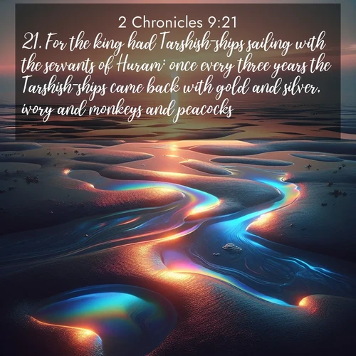 BasicEnglish 2 Chronicles  ; image nature: image with the bible verse :For the king had Tarshish-ships sailing with the servants of Huram: once every three years the Tarshish-ships came back with gold and silver, ivory and monkeys and peacocks. ; Explore a gallery of beautiful Bible verse images with tranquil natural settings—perfect for phone backgrounds or inspirational posts. Download your favorite verses like KJV 2 Chronicles 9:21 today. Current verse is overlayed with the thematic nature scene : Tidal pools reflect sunset colors at low tide. ; 9:21