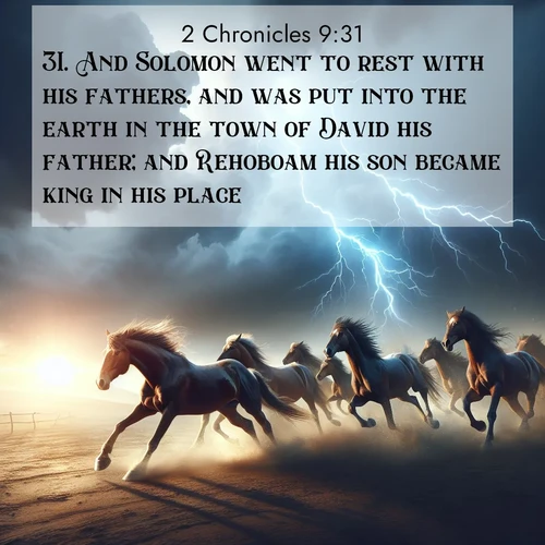 BasicEnglish 2 Chronicles  ; image nature: image with the bible verse :And Solomon went to rest with his fathers, and was put into the earth in the town of David his father; and Rehoboam his son became king in his place. ; Dive into our collection of Bible verses paired with breathtaking desert landscapes, featuring infinite dunes, shaded oases, and desert sunsets. These images highlight the majestic grandeur of God&#039;s creation. Download and share verses like KJV 2 Chronicles 9:31. Current verse is overlayed with the thematic nature scene : Wild horses race approaching storms. Lightning illuminates their power. ; 9:31