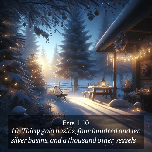 BasicEnglish Ezra  ; image nature: image with the bible verse :Thirty gold basins, four hundred and ten silver basins, and a thousand other vessels. ; Explore our gallery of inspiring Bible verse images showcasing divine beauty through nature. Download scenic images like snowy peaks, lush meadows, or radiant sunsets paired with verses like KJV Ezra 1:10. Current verse is overlayed with the thematic nature scene : Winter silence falls with evening snow. ; 1:10