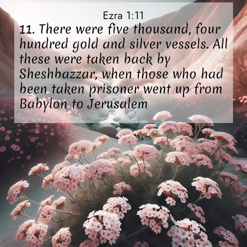BasicEnglish Ezra  ; image nature: image with the bible verse :There were five thousand, four hundred gold and silver vessels. All these were taken back by Sheshbazzar, when those who had been taken prisoner went up from Babylon to Jerusalem. ; Explore a spring collection of Bible images, with landscapes of green hills, wildflowers, and crystal-clear streams. These images symbolize the blossoming of God&#039;s creation. Download verses like KJV Ezra 1:11. Current verse is overlayed with the thematic nature scene : Desert verbena blooms in hidden washes. Flash floods carved these secret gardens. ; 1:11
