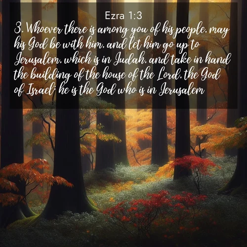 BasicEnglish Ezra  ; image nature: image with the bible verse :Whoever there is among you of his people, may his God be with him, and let him go up to Jerusalem, which is in Judah, and take in hand the building of the house of the Lord, the God of Israel; he is the God who is in Jerusalem. ; Browse an inspiring gallery of Bible verse images with nature photos, such as blooming gardens, golden deserts, and shaded forests. The chosen images capture the peaceful and joyful essence of God&#039;s creation, with vibrant colors and harmonious fonts. Share verses like KJV Ezra 1:3. Current verse is overlayed with the thematic nature scene : Autumn rain darkens tree trunks in the forest. ; 1:3