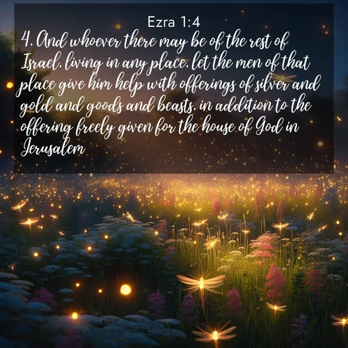 BasicEnglish Ezra  ; image nature: image with the bible verse :And whoever there may be of the rest of Israel, living in any place, let the men of that place give him help with offerings of silver and gold and goods and beasts, in addition to the offering freely given for the house of God in Jerusalem. ; Explore Bible verse images highlighting the beauty of spring, with vibrant flowers, butterflies, and blossoming fruit trees. These scenes evoke divine hope and renewal. Download inspiring verses like KJV Ezra 1:4. Current verse is overlayed with the thematic nature scene : Fireflies dance above a spring meadow filled with singing crickets. ; 1:4