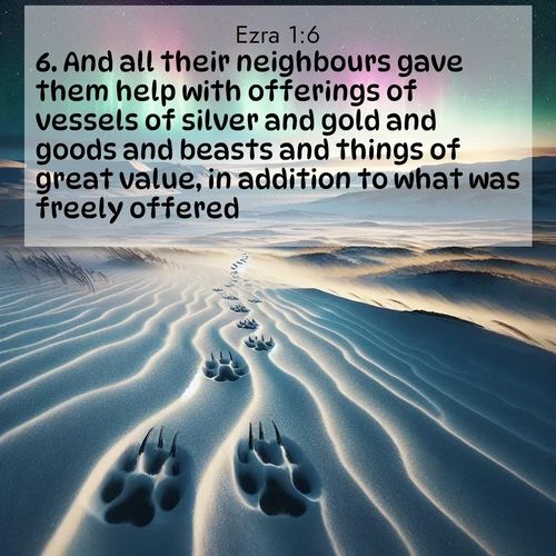 BasicEnglish Ezra  ; image nature: image with the bible verse :And all their neighbours gave them help with offerings of vessels of silver and gold and goods and beasts and things of great value, in addition to what was freely offered. ; Explore a stunning collection of Bible verse images featuring picturesque scenery like sun-drenched meadows, tranquil lakes, and majestic forests. All images are free to download and share. Verses include KJV Ezra 1:6. Current verse is overlayed with the thematic nature scene : Arctic fox tracks cross windswept tundra. Northern lights pulse overhead in cosmic rhythm. ; 1:6