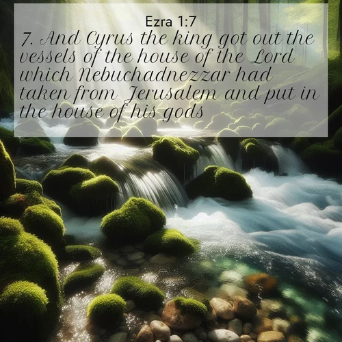 BasicEnglish Ezra  ; image nature: image with the bible verse :And Cyrus the king got out the vessels of the house of the Lord which Nebuchadnezzar had taken from Jerusalem and put in the house of his gods; ; Download stunning Bible verse images paired with nature scenes like rolling clouds, sparkling waters, and vibrant flower fields. These free images are perfect for spiritual reflection or wallpaper use. Share KJV Ezra 1:7. Current verse is overlayed with the thematic nature scene : A mountain stream tumbles through moss-covered stones. Sunlight dapples the crystal-clear water. ; 1:7