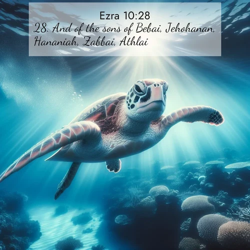 BasicEnglish Ezra  ; image nature: image with the bible verse :And of the sons of Bebai, Jehohanan, Hananiah, Zabbai, Athlai. ; Admire Bible images evoking autumn, with warm colors of fallen leaves, harvested fields, and tranquil woods. These inspiring landscapes reflect the transition and beauty of God&#039;s creation. Download verses like KJV Ezra 10:28. Current verse is overlayed with the thematic nature scene : A sea turtle glides through underwater sunbeams. Coral gardens glow in the depths below. ; 10:28