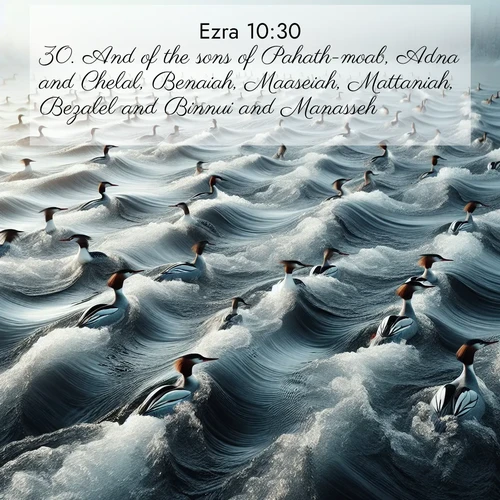 BasicEnglish Ezra  ; image nature: image with the bible verse :And of the sons of Pahath-moab, Adna and Chelal, Benaiah, Maaseiah, Mattaniah, Bezalel and Binnui and Manasseh. ; Explore a collection of inspiring Bible verse images accompanied by winter photos, such as snowy landscapes, frosted trees, and frozen lakes. These images reflect the peace and purity of God&#039;s creation, with elegant fonts and luminous colors. Download and share verses like KJV Ezra 10:30. Current verse is overlayed with the thematic nature scene : Wild mergansers ride river rapids. Their wakes create endless patterns. ; 10:30