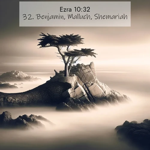 BasicEnglish Ezra  ; image nature: image with the bible verse :Benjamin, Malluch, Shemariah. ; Explore Bible verses combined with serene beach photos, desert dunes, and infinite skies, highlighting God&#039;s majesty in every landscape. Download and share inspiring verses like KJV Ezra 10:32. Current verse is overlayed with the thematic nature scene : A lone cypress stands sentinel on a wave-carved point. Pacific storms have shaped its every branch. ; 10:32