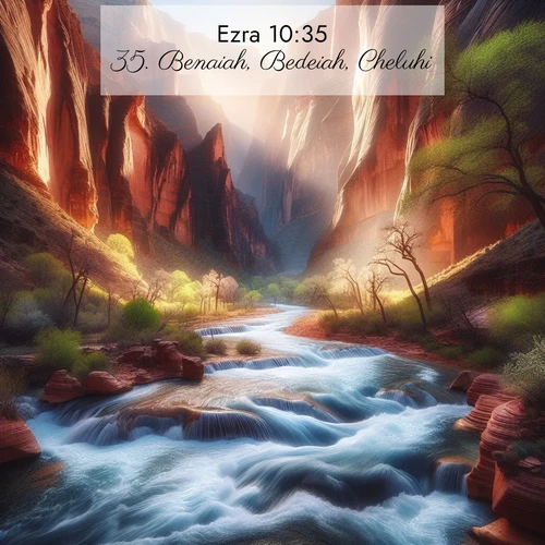 BasicEnglish Ezra  ; image nature: image with the bible verse :Benaiah, Bedeiah, Cheluhi, ; Discover inspiring Bible verse images featuring natural wonders like lush forests, sunny horizons, and cascading waterfalls. Perfect for wallpapers or spiritual encouragement. Download verses like KJV Ezra 10:35. Current verse is overlayed with the thematic nature scene : Spring floods transform a desert canyon into a rushing river. ; 10:35