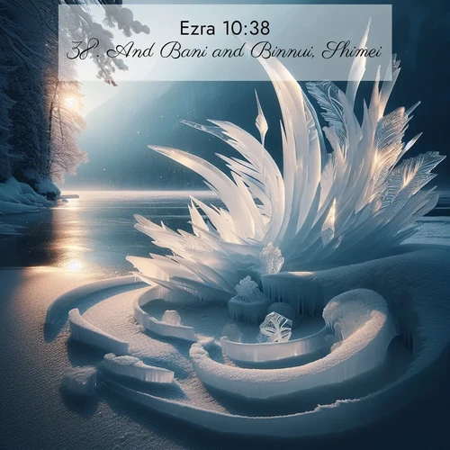 BasicEnglish Ezra  ; image nature: image with the bible verse :And Bani and Binnui, Shimei; ; Browse our collection of Bible verses paired with captivating photos of God’s creation, like crystal-clear lakes, majestic cliffs, and colorful skies. All images are free for download and sharing. Verse examples include KJV Ezra 10:38. Current verse is overlayed with the thematic nature scene : Winter ice forms abstract sculptures along a lake shore. ; 10:38