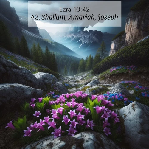 BasicEnglish Ezra  ; image nature: image with the bible verse :Shallum, Amariah, Joseph. ; Explore beautiful Bible verse images paired with serene natural settings, such as calm seas, snowy paths, and verdant hills. Each image is free to download for your spiritual inspiration. Share KJV Ezra 10:42. Current verse is overlayed with the thematic nature scene : Alpine gentians bloom in rocky crevices. Summer storms gather above treeline. ; 10:42