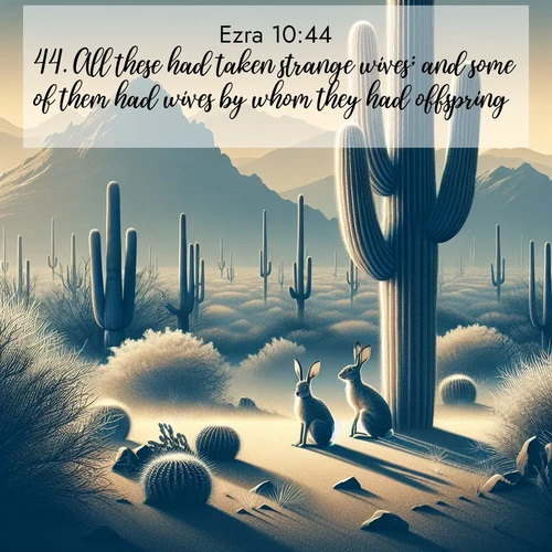 BasicEnglish Ezra  ; image nature: image with the bible verse :All these had taken strange wives; and some of them had wives by whom they had offspring. ; Browse beautiful Bible verse images accompanied by peaceful scenes like calm seas, ancient forests, and radiant horizons. Download high-quality, free images featuring verses such as KJV Ezra 10:44. Current verse is overlayed with the thematic nature scene : Desert jackrabbits pause in saguaro shade. Heat waves distort distant peaks. ; 10:44