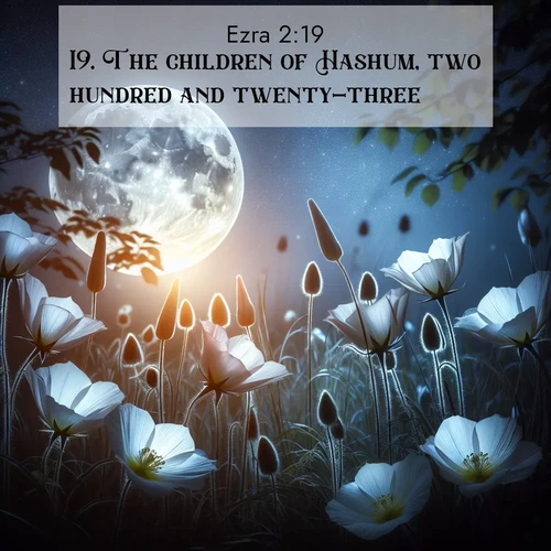 BasicEnglish Ezra  ; image nature: image with the bible verse :The children of Hashum, two hundred and twenty-three. ; Download Bible verse images paired with breathtaking nature photos like golden deserts, shimmering seas, and blossoming orchards. These high-quality, free images are perfect for wallpapers or sharing. Verses include KJV Ezra 2:19. Current verse is overlayed with the thematic nature scene : Moonflowers open to the rising full moon. Night insects hum in harmony. ; 2:19