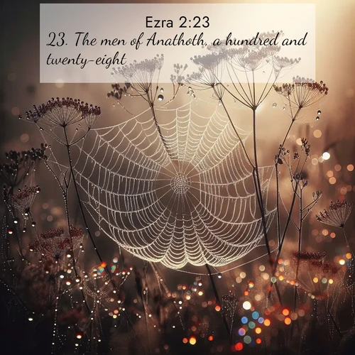 BasicEnglish Ezra  ; image nature: image with the bible verse :The men of Anathoth, a hundred and twenty-eight. ; Download inspiring Bible verse images featuring stunning natural vistas, from tropical islands to rolling hills. These free images make perfect wallpapers or gifts. Share verses like KJV Ezra 2:23. Current verse is overlayed with the thematic nature scene : Morning fog reveals spider galaxies. Dew drops capture rainbow light. ; 2:23