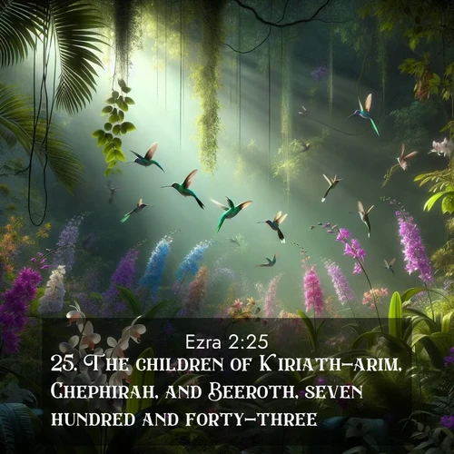 BasicEnglish Ezra  ; image nature: image with the bible verse :The children of Kiriath-arim, Chephirah, and Beeroth, seven hundred and forty-three. ; Browse high-resolution Bible verse images featuring stunning nature photography, such as radiant sunsets, tranquil rivers, and blooming fields. Perfect for wallpapers or sharing on social media. Download KJV Ezra 2:25. Current verse is overlayed with the thematic nature scene : Wild orchids bloom in a rainforest canopy. Hummingbirds dart between the delicate flowers. ; 2:25