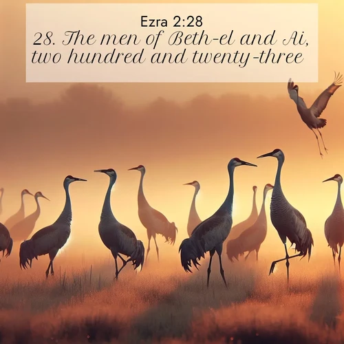 BasicEnglish Ezra  ; image nature: image with the bible verse :The men of Beth-el and Ai, two hundred and twenty-three. ; Discover inspiring Bible verse images featuring natural wonders like lush forests, sunny horizons, and cascading waterfalls. Perfect for wallpapers or spiritual encouragement. Download verses like KJV Ezra 2:28. Current verse is overlayed with the thematic nature scene : Sandhill cranes dance in morning mist. Their calls echo across the marsh. ; 2:28