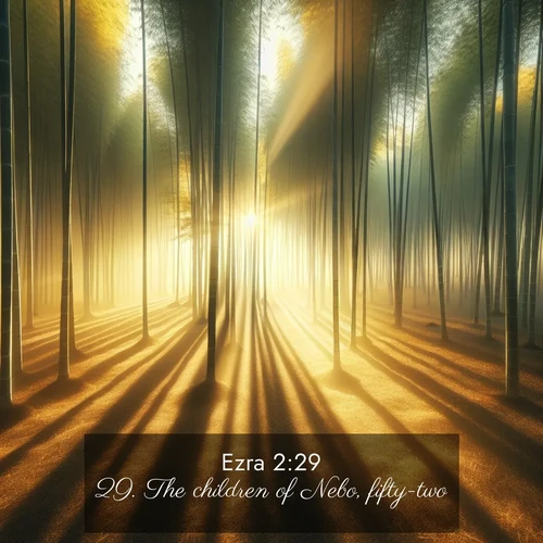 BBE Ezra 2:29 overlaying nature image scene: Morning mist parts to reveal a pristine bamboo grove. Golden light filters through the stems, casting striped shadows.;29. The children of Nebo, fifty-two.